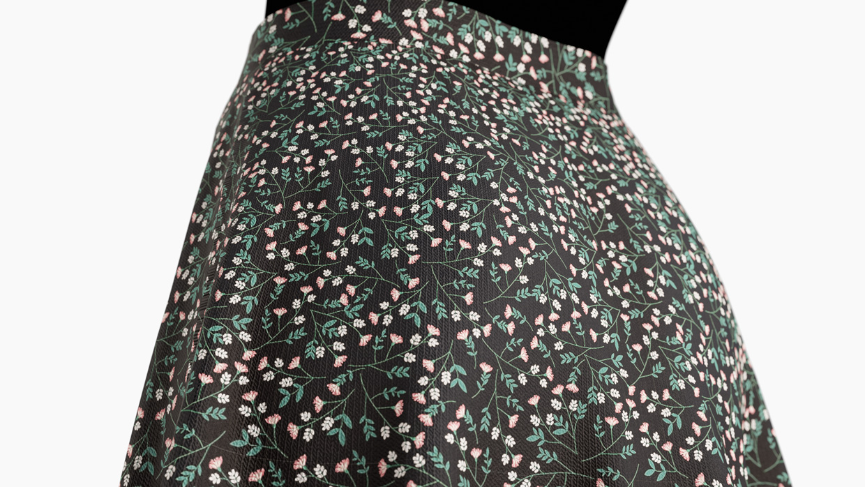 Side close-up showing floral pattern details on the female skirt